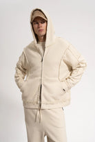 Erkek Oversized Washed Raw Seam Zip Hoodie - Bej - 0