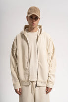 Erkek Oversized Washed Raw Seam Zip Hoodie - Bej - 1