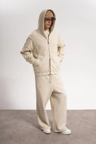 Erkek Oversized Washed Raw Seam Zip Hoodie - Bej - 2