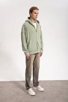 Erkek Oversized Washed Raw Seam Zip Hoodie - Yeşil - 0