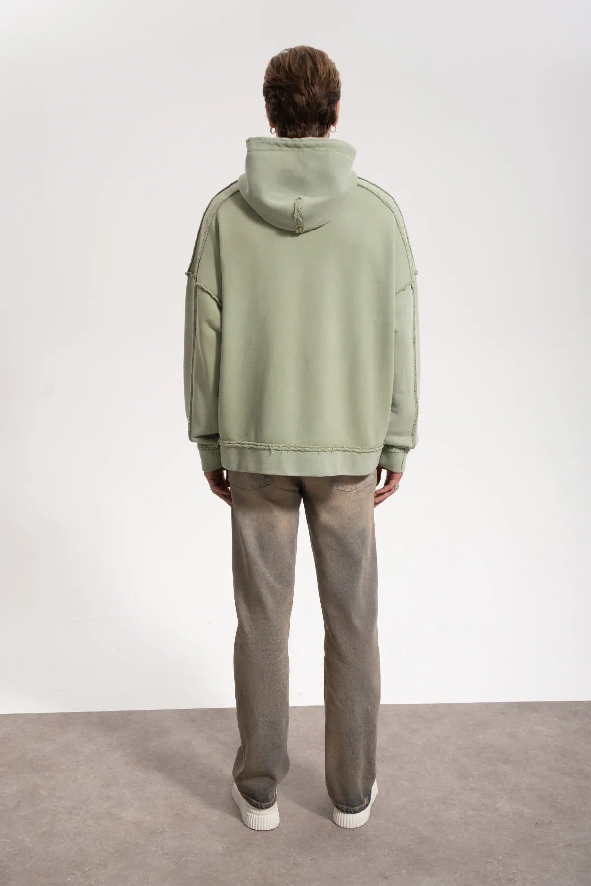Erkek Oversized Washed Raw Seam Zip Hoodie - Yeşil - 1