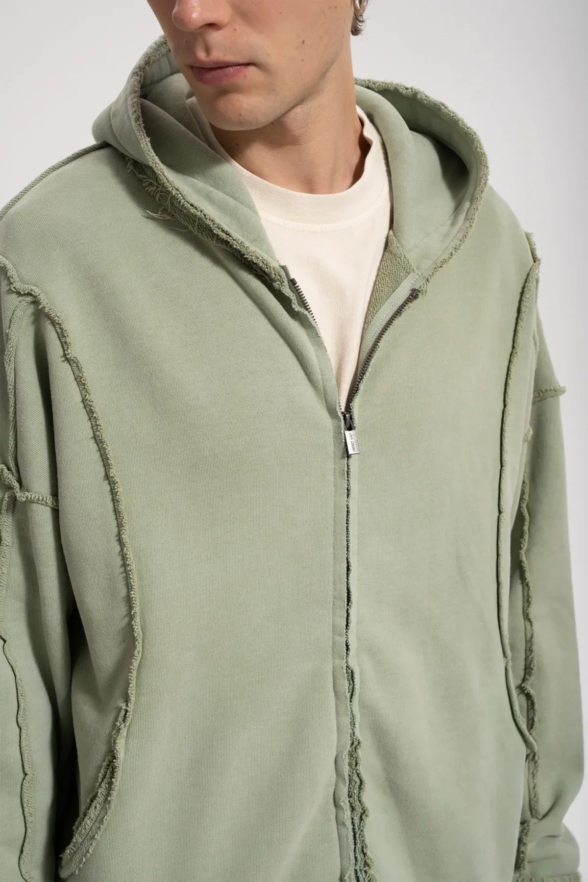 Erkek Oversized Washed Raw Seam Zip Hoodie - Yeşil - 3