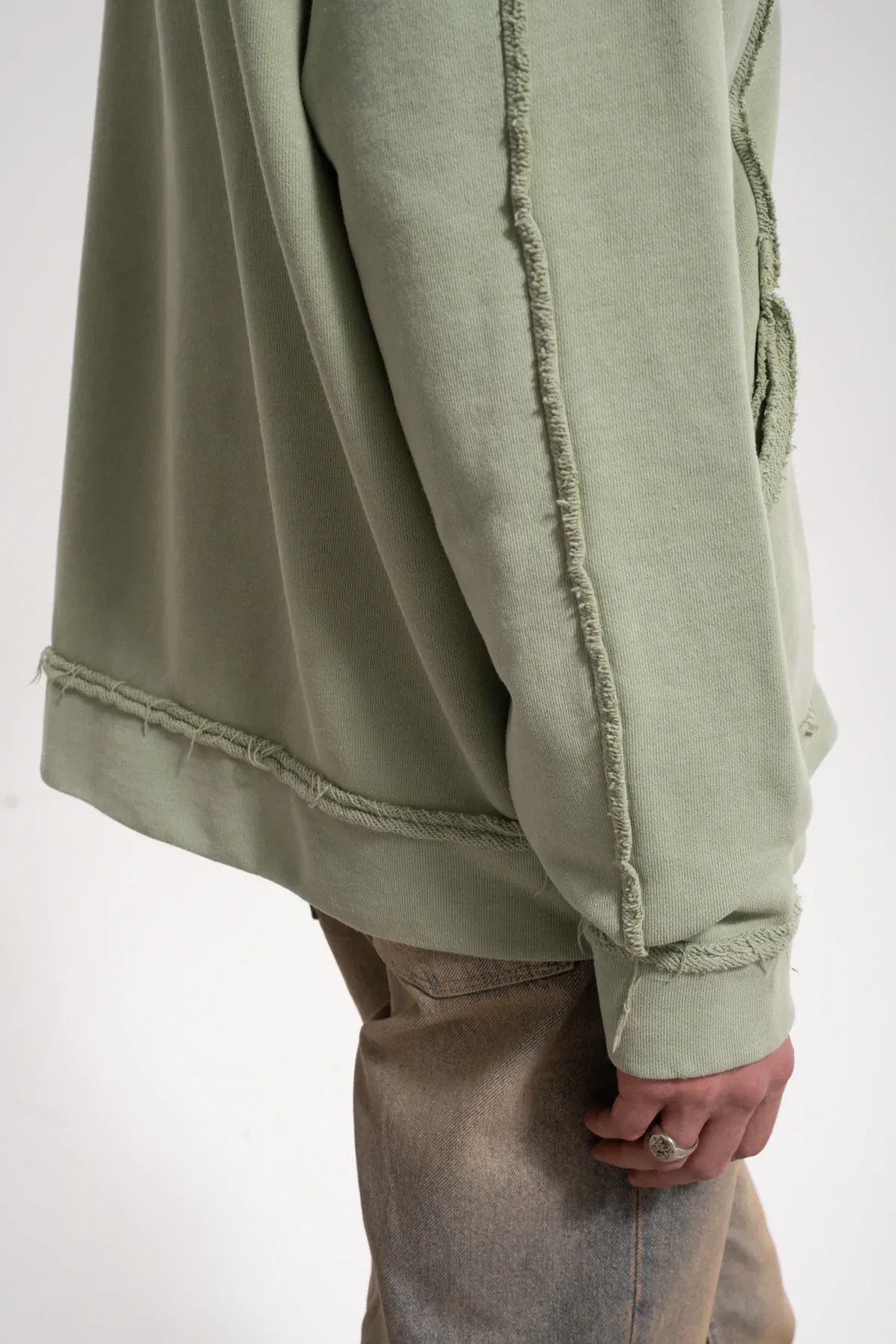 Erkek Oversized Washed Raw Seam Zip Hoodie - Yeşil - 4