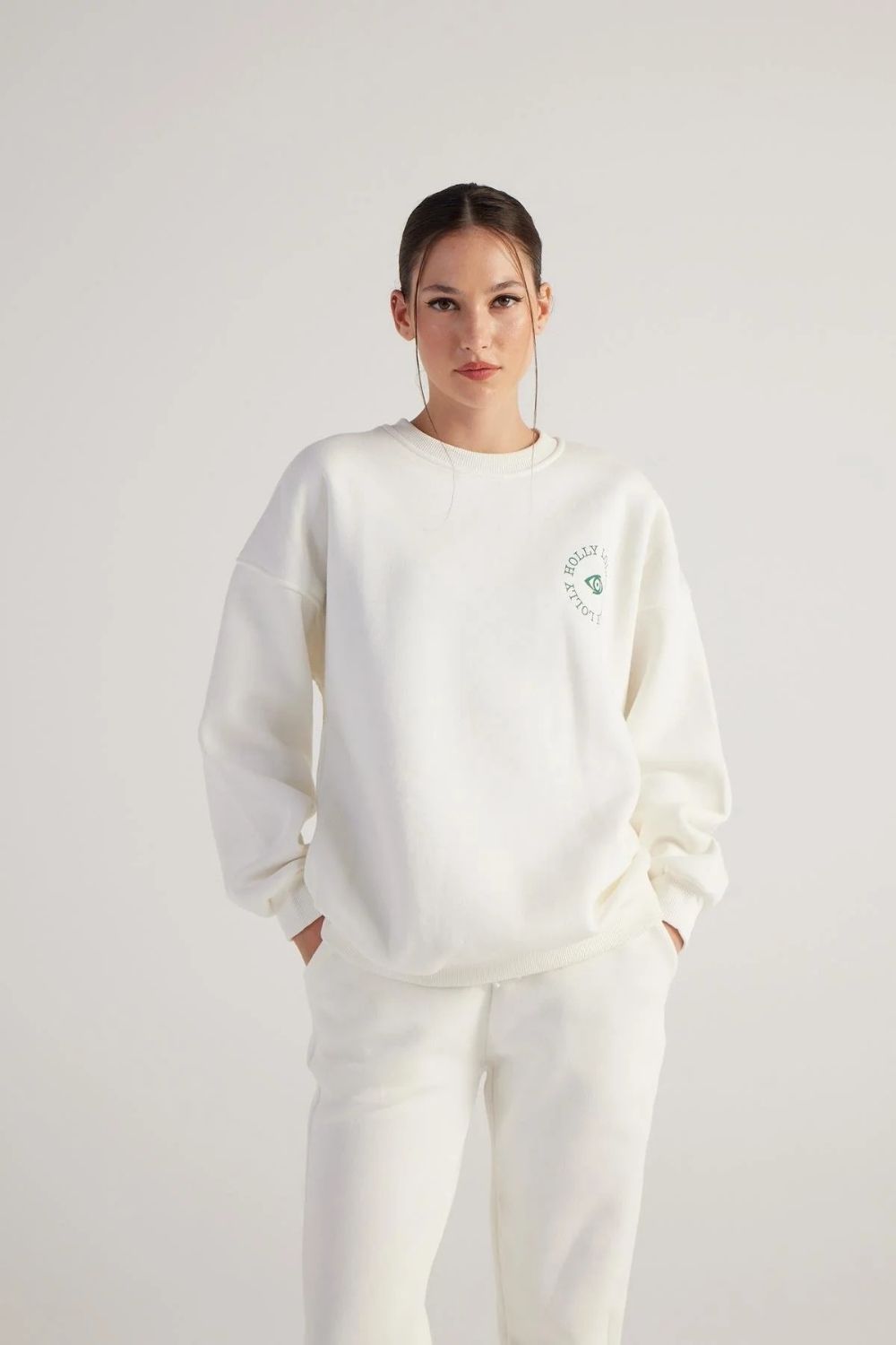 3 İplik Şardonlu Uzun Kol Bisiklet Yaka Fine Sweatshirt Ekru - 1
