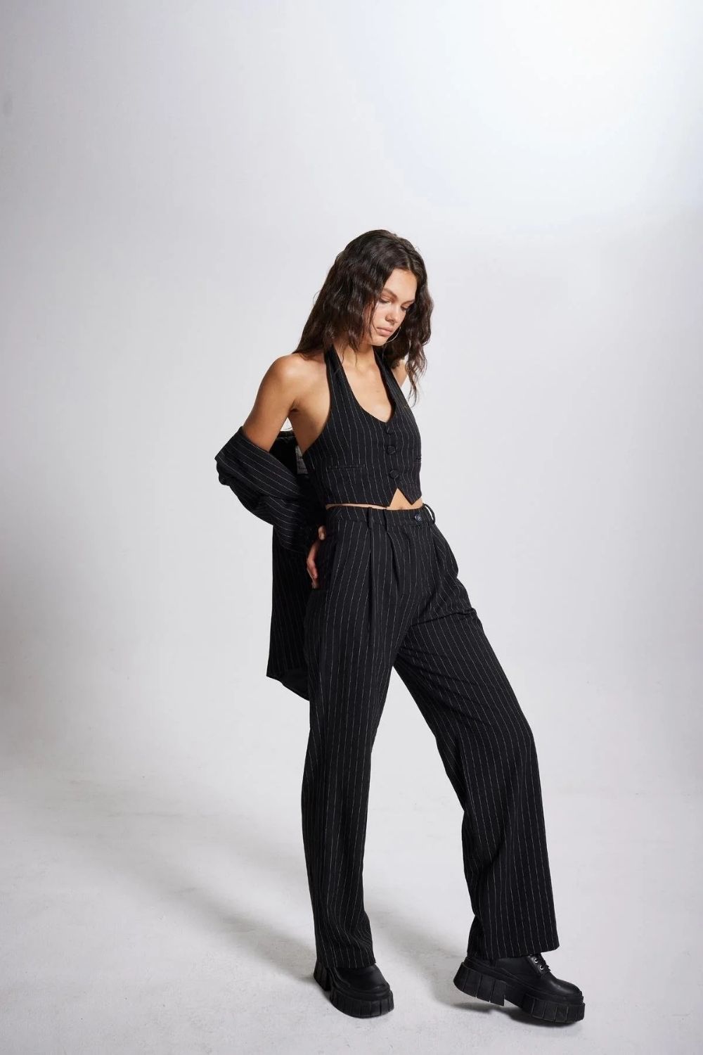 Yüksek Bel Kumaş Striped Pantolon Siyah - 1