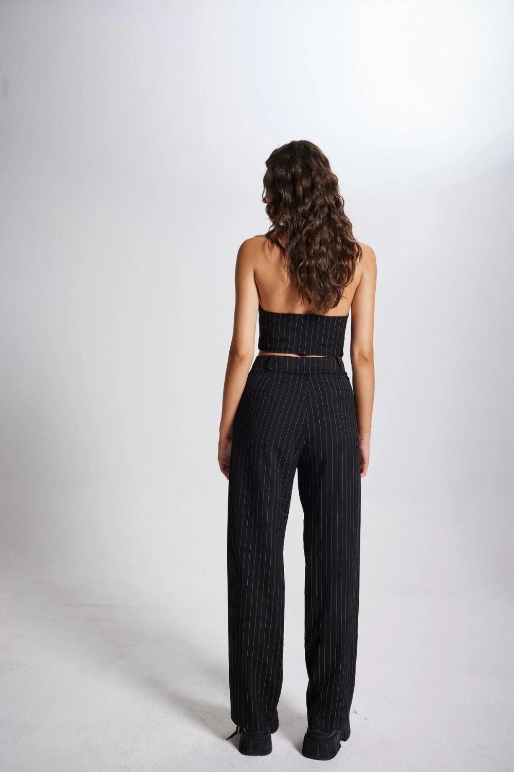 Yüksek Bel Kumaş Striped Pantolon Siyah - 4
