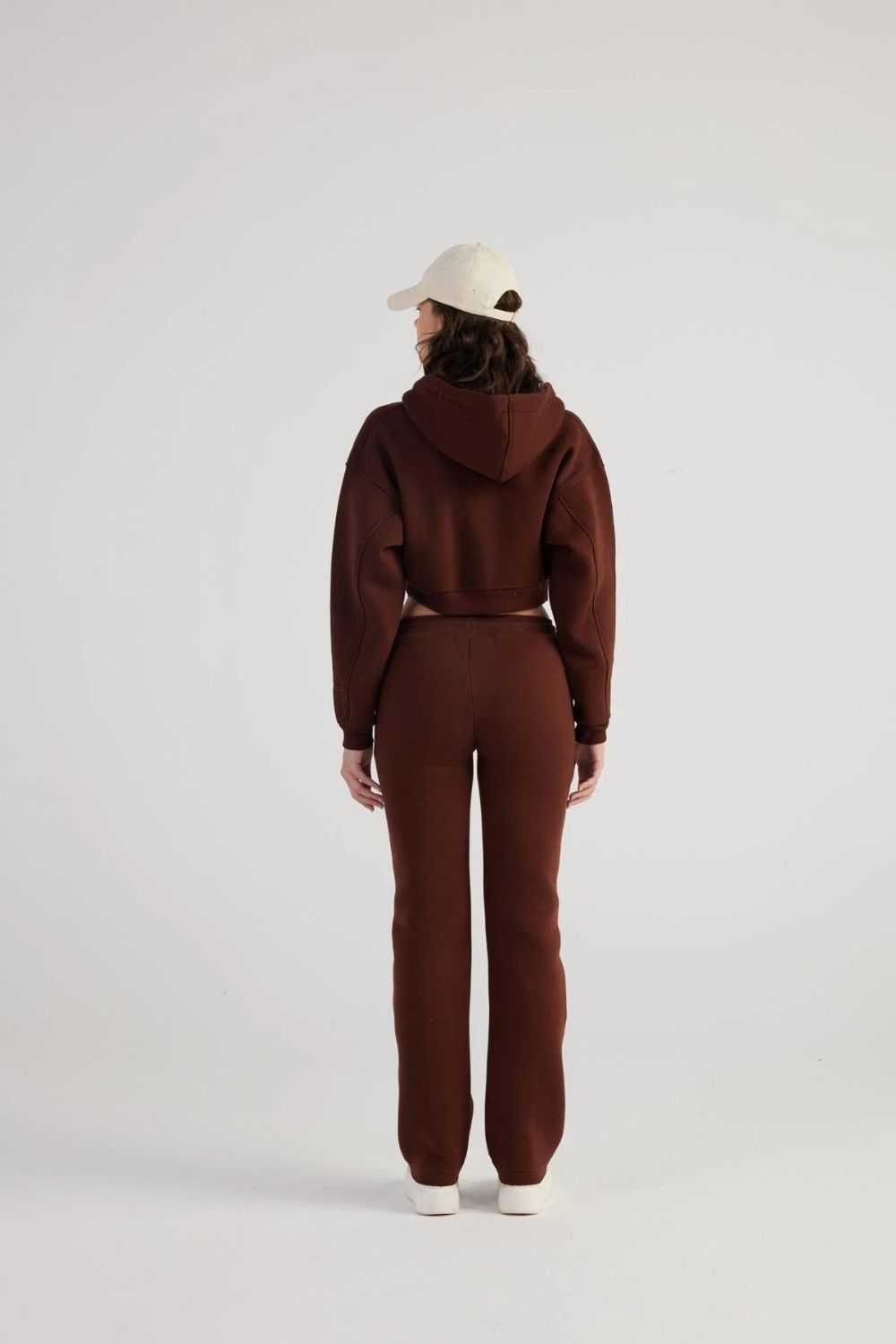 Kadın Kahverengi Kapüşonlu Uzun Kol Fermuarlı Crop Mixed Sweat - 1