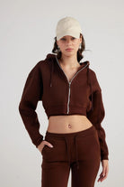Kadın Kahverengi Kapüşonlu Uzun Kol Fermuarlı Crop Mixed Sweat - 4