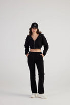 Kadın Siyah Kapüşonlu Uzun Kol Fermuarlı Crop Mixed Sweat - 0