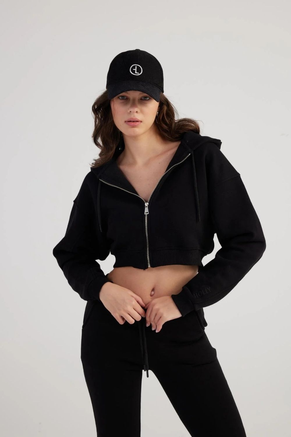 Kadın Siyah Kapüşonlu Uzun Kol Fermuarlı Crop Mixed Sweat - 2