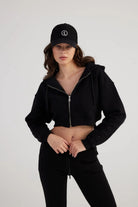 Kadın Siyah Kapüşonlu Uzun Kol Fermuarlı Crop Mixed Sweat - 2