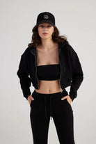 Kadın Siyah Kapüşonlu Uzun Kol Fermuarlı Crop Mixed Sweat - 4