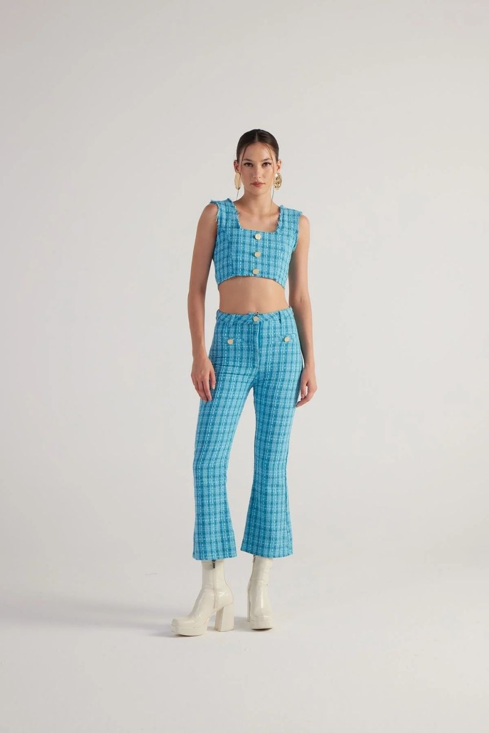 İspanyol Kesim Tüvit Tweed Pantolon Mavi - 1