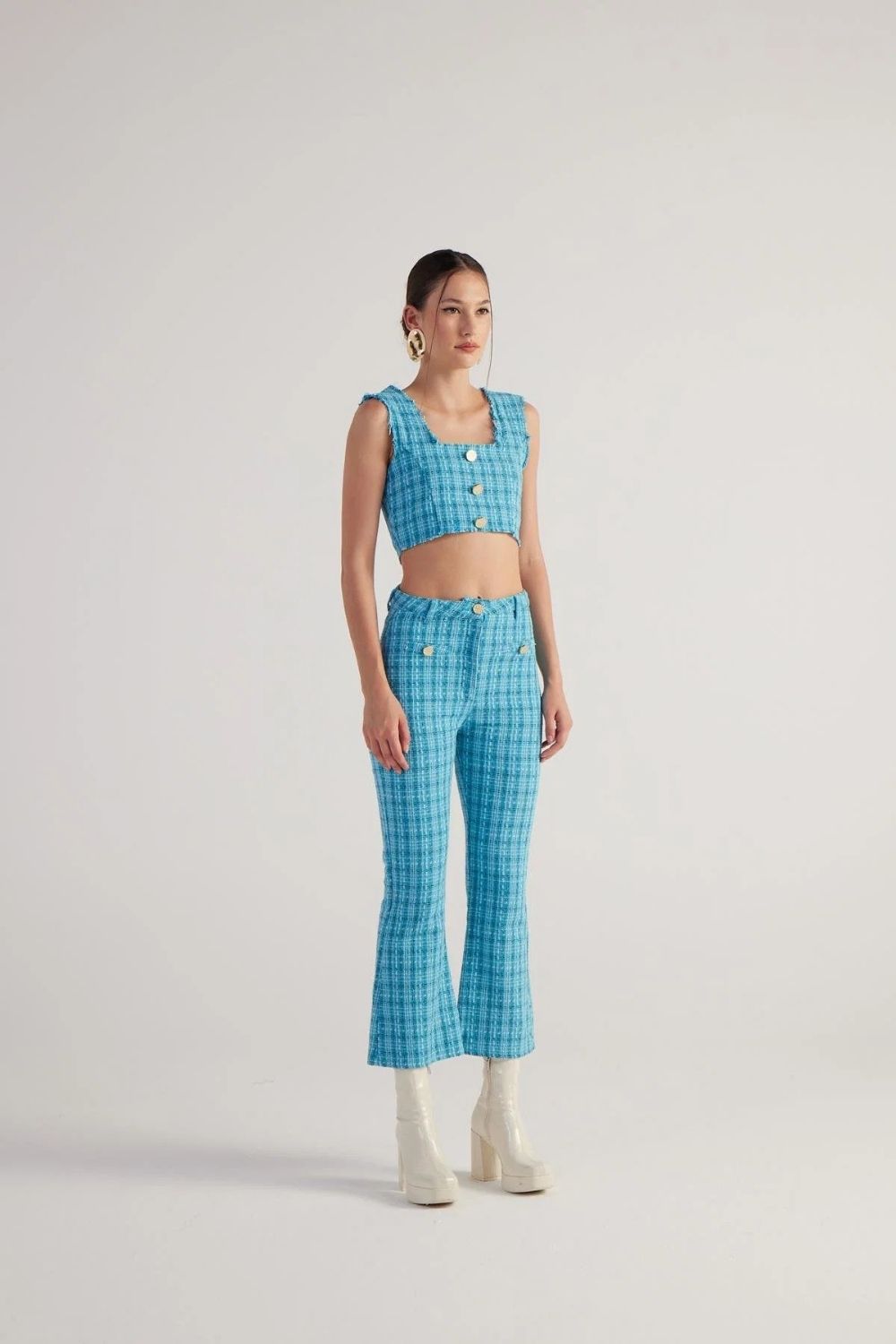 İspanyol Kesim Tüvit Tweed Pantolon Mavi - 2