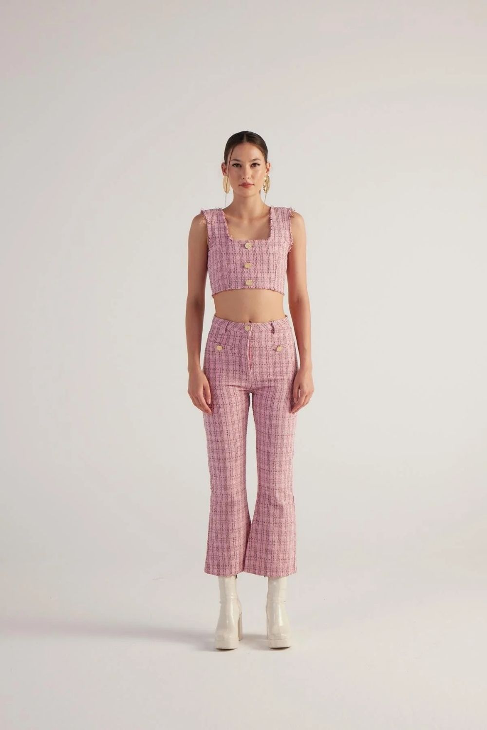 İspanyol Kesim Tüvit Tweed Pantolon Pembe - 0