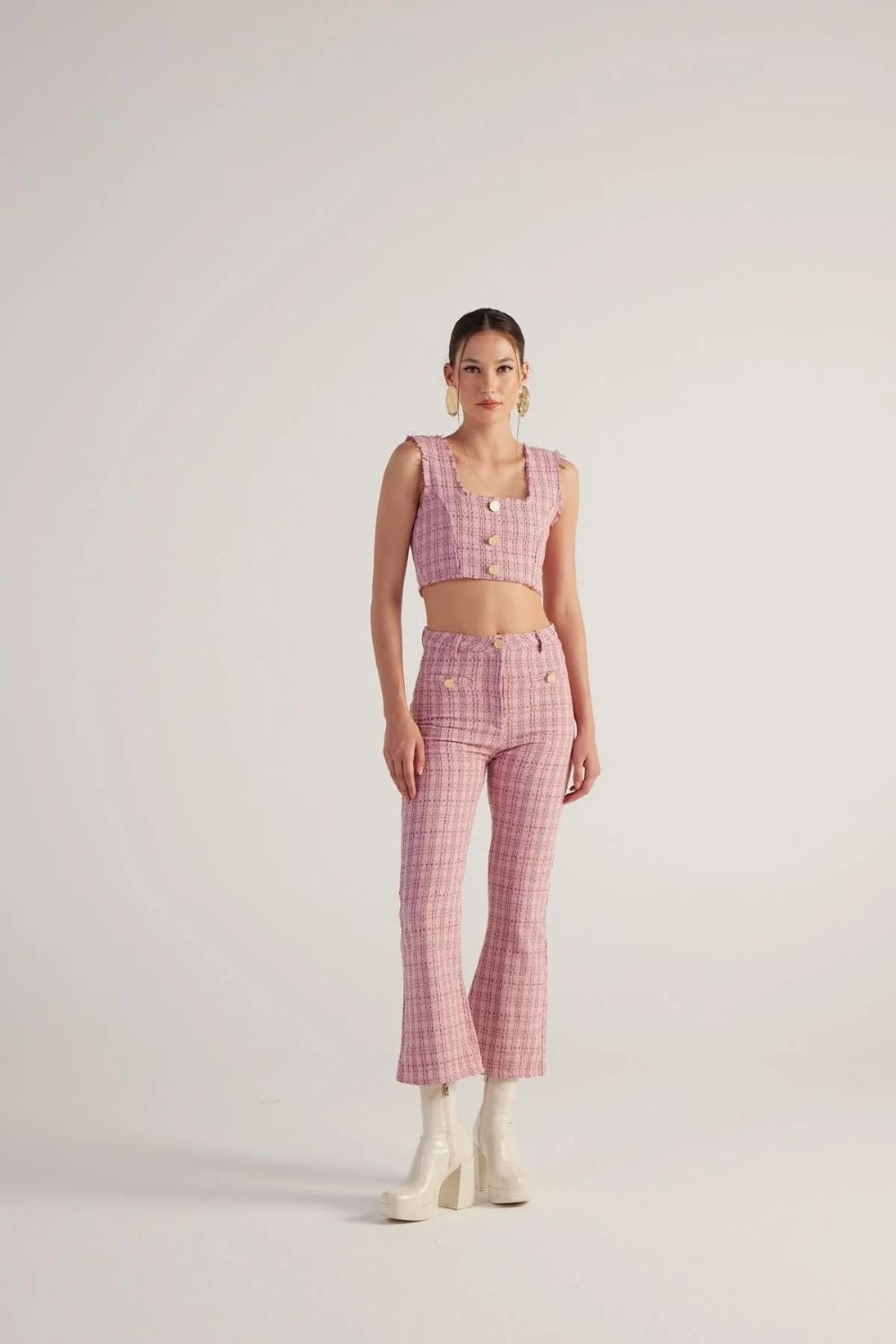 İspanyol Kesim Tüvit Tweed Pantolon Pembe - 1