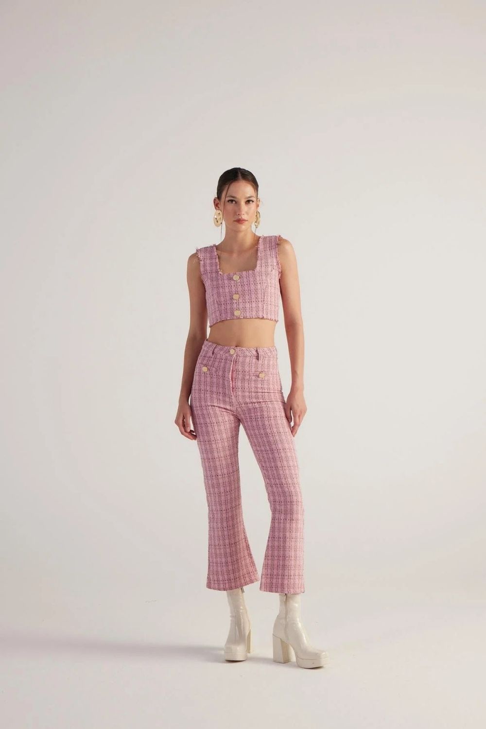 İspanyol Kesim Tüvit Tweed Pantolon Pembe - 2