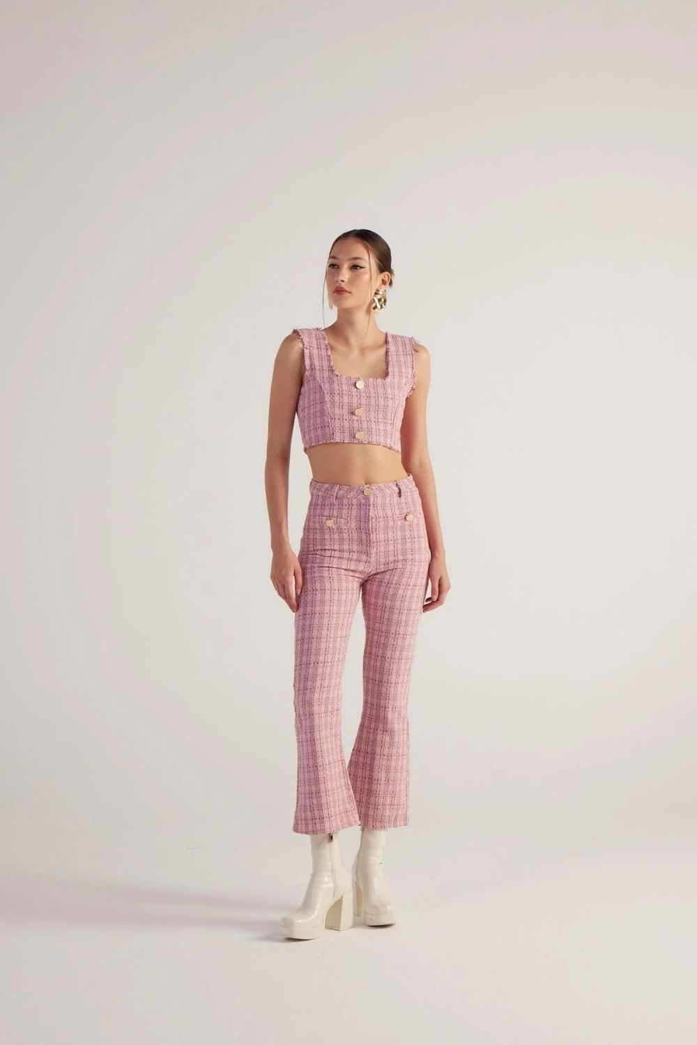 İspanyol Kesim Tüvit Tweed Pantolon Pembe - 3