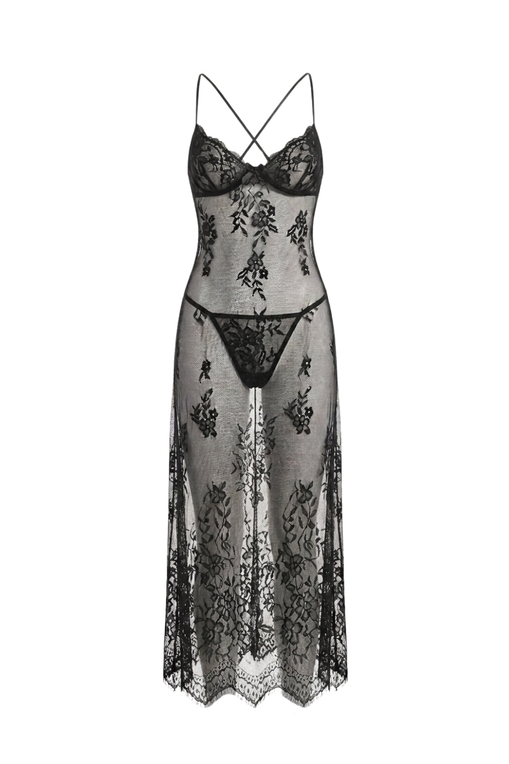 Black Sheer Floral Ev Giyim Elbise - 0