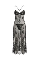Black Sheer Floral Ev Giyim Elbise - 0