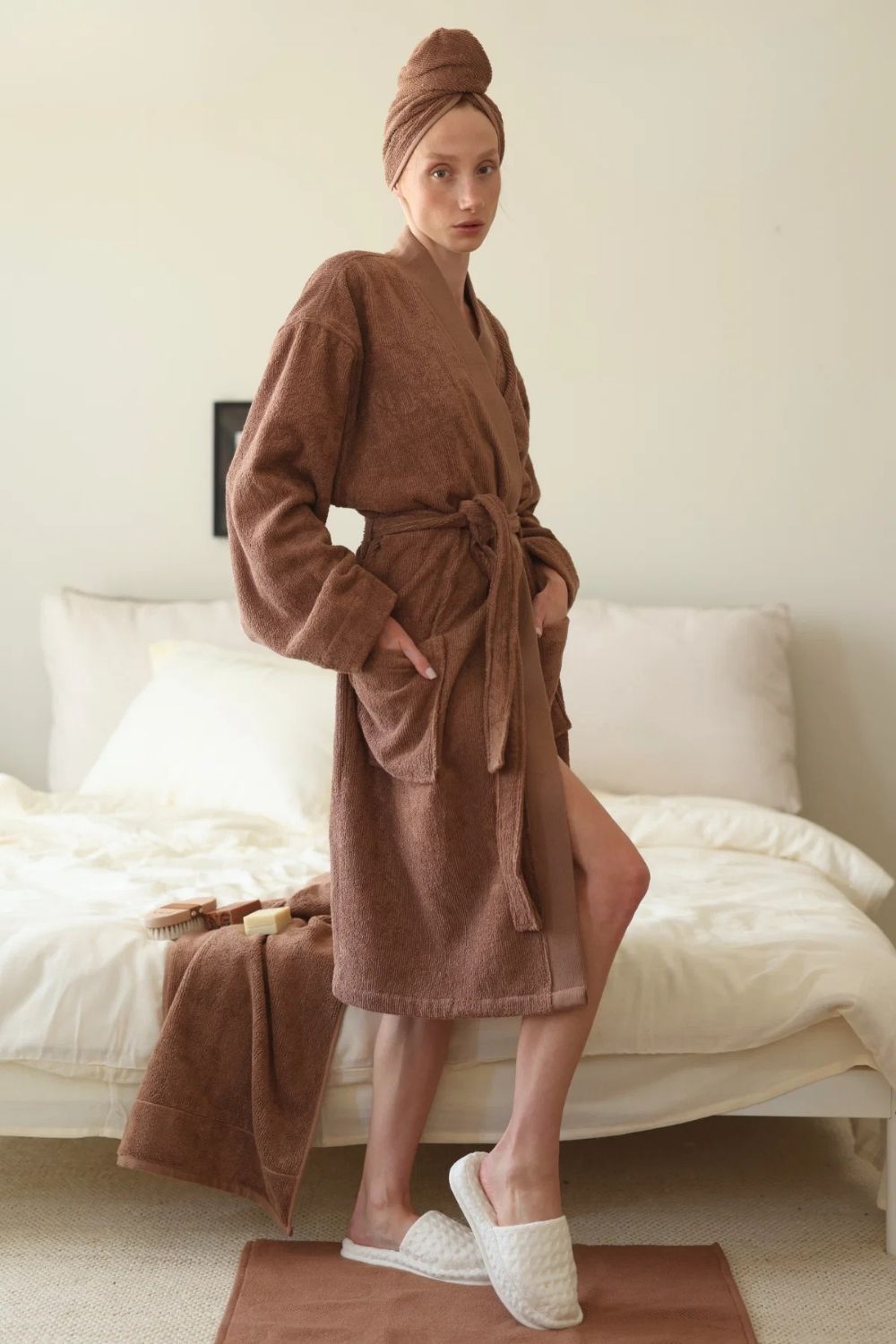 Solena Unisex Kalın Tabanlı Havlu Terlik Ekru - 1
