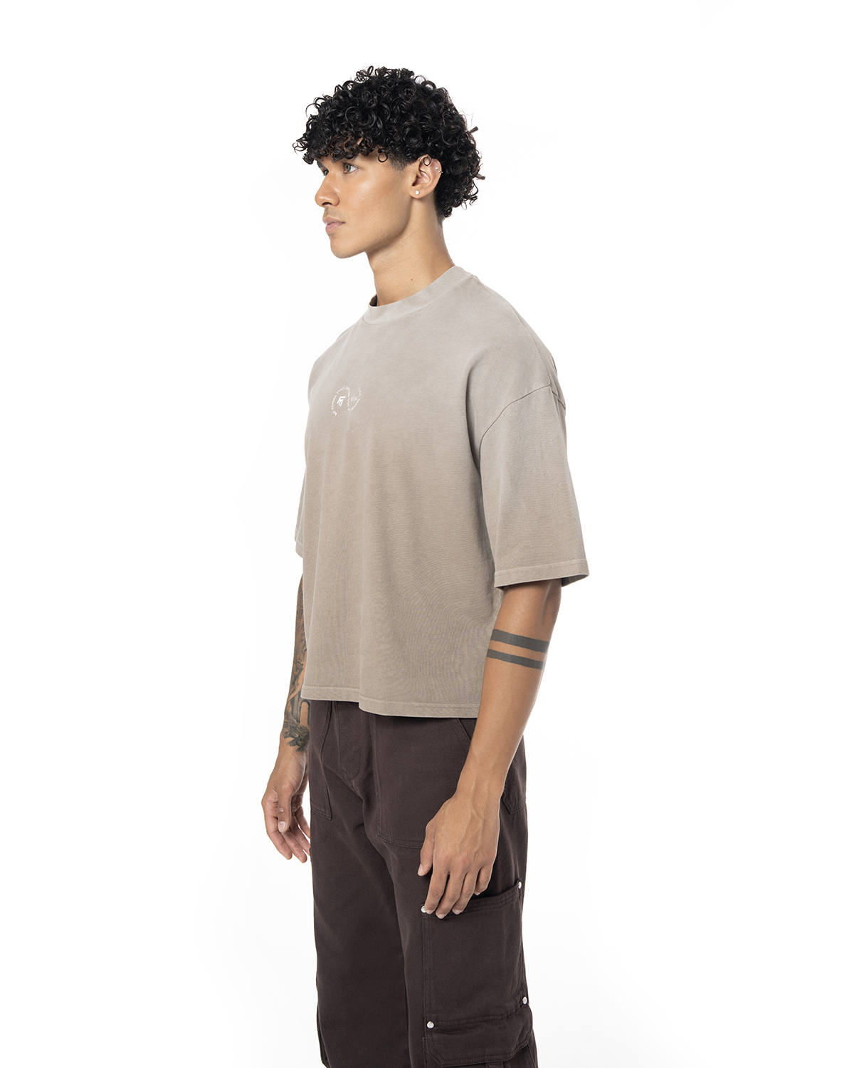 Unisex Boxy Fit Yıkamalı Sprey Efektli Baskılı Tişört - Kahverengi - 1