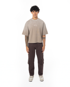 Unisex Boxy Fit Yıkamalı Sprey Efektli Baskılı Tişört - Kahverengi - 2
