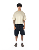 Unisex Boxy Fit Yıkamalı Sprey Efektli Baskılı Tişört - Latte - 0