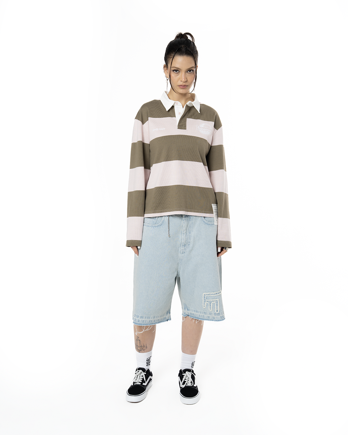 Unisex Çizgili Nakışlı Uzun Kollu Polo Tişört - Pembe - 2