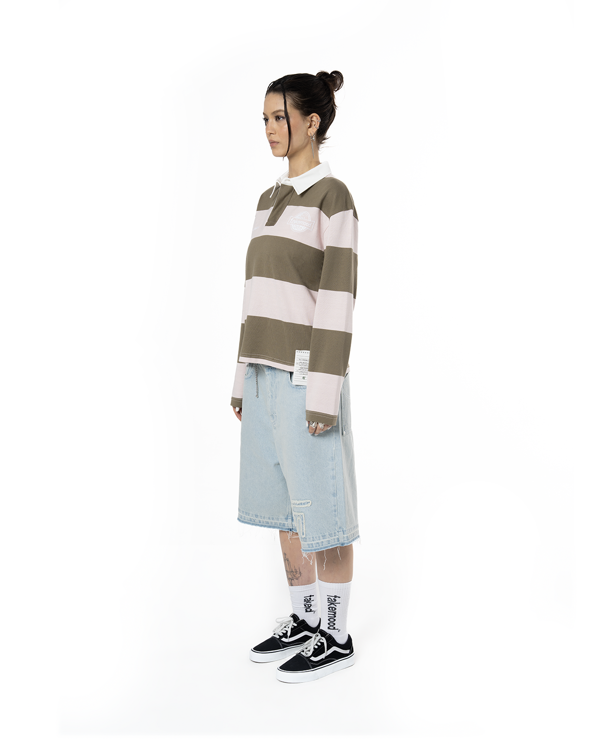 Unisex Çizgili Nakışlı Uzun Kollu Polo Tişört - Pembe - 3