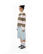 Unisex Çizgili Nakışlı Uzun Kollu Polo Tişört - Pembe - 3