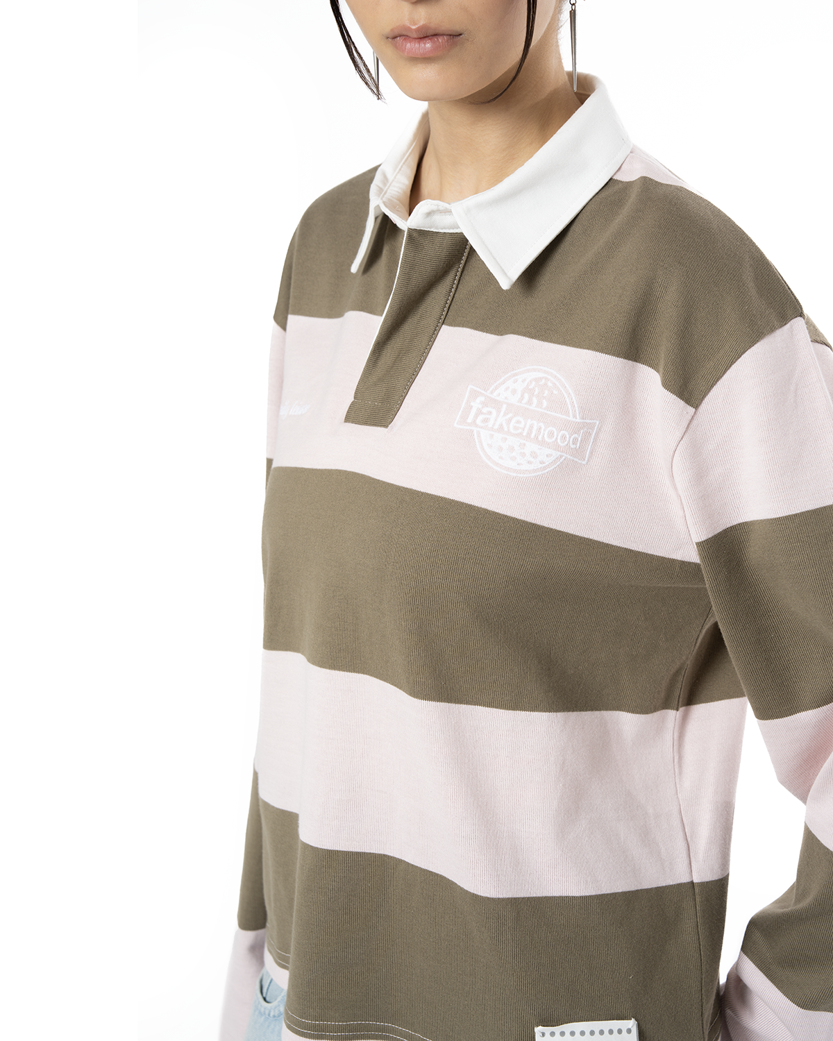 Unisex Çizgili Nakışlı Uzun Kollu Polo Tişört - Pembe - 4