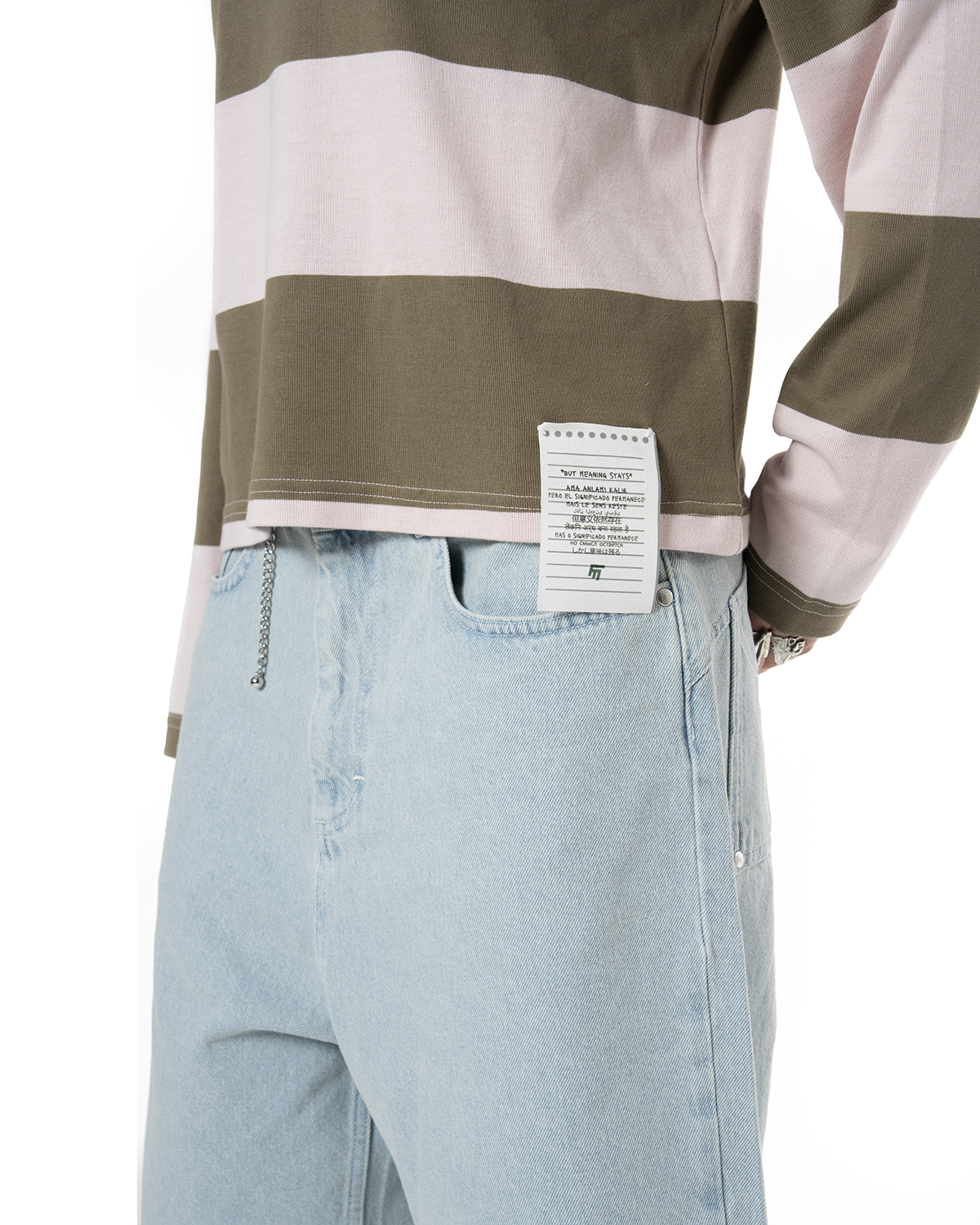 Unisex Çizgili Nakışlı Uzun Kollu Polo Tişört - Pembe - 5