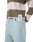 Unisex Çizgili Nakışlı Uzun Kollu Polo Tişört - Pembe - 5