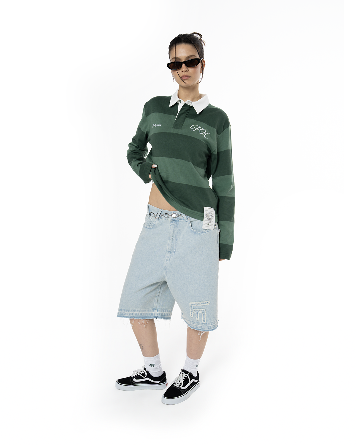 Unisex Çizgili Nakışlı Uzun Kollu Polo Tişört - Yeşil - 0