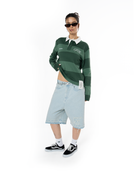 Unisex Çizgili Nakışlı Uzun Kollu Polo Tişört - Yeşil - 0