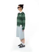 Unisex Çizgili Nakışlı Uzun Kollu Polo Tişört - Yeşil - 1