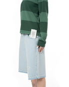 Unisex Çizgili Nakışlı Uzun Kollu Polo Tişört - Yeşil - 3