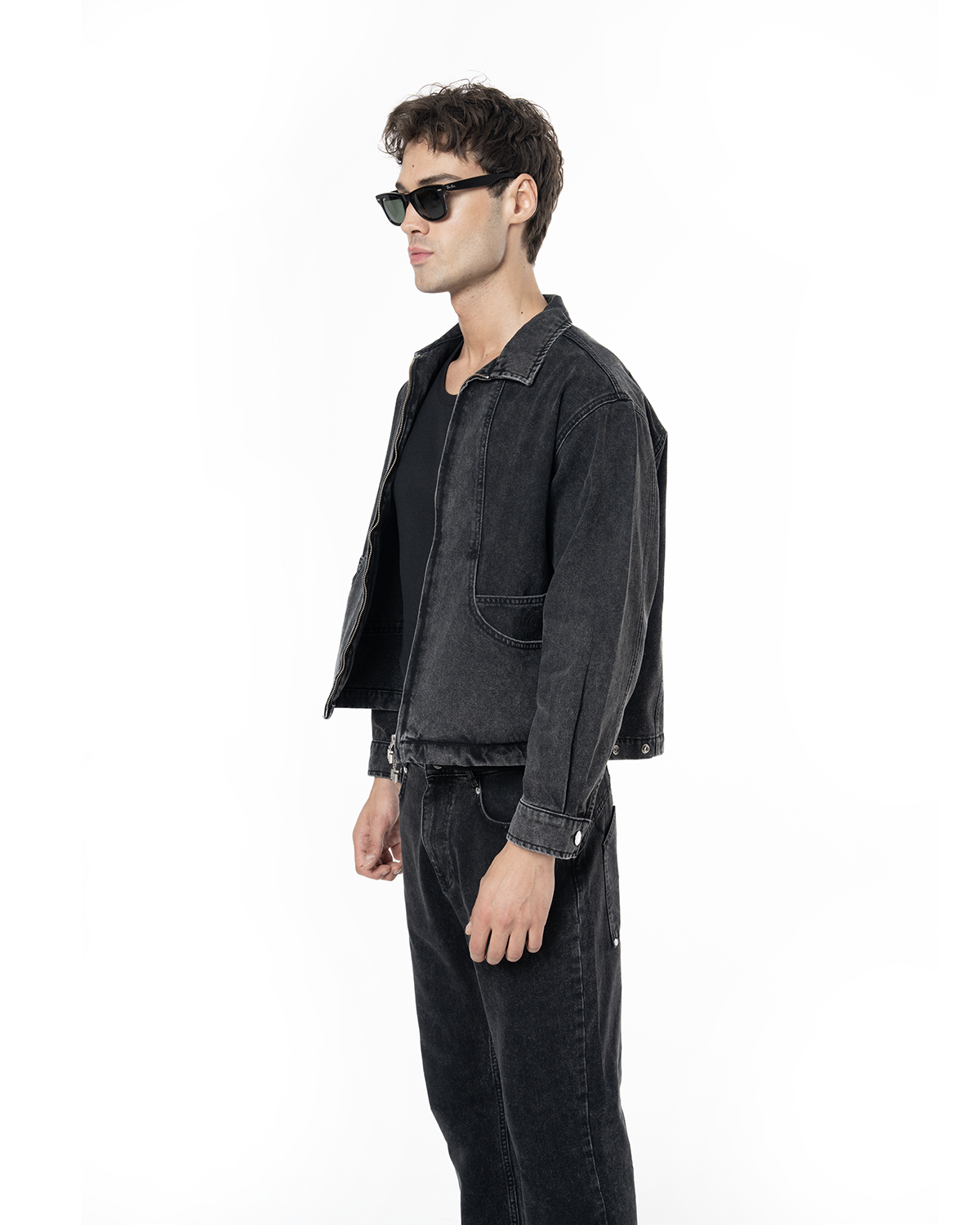 Unisex Fakemood Nakışlı Premium Denim Ceket - Siyah - 2