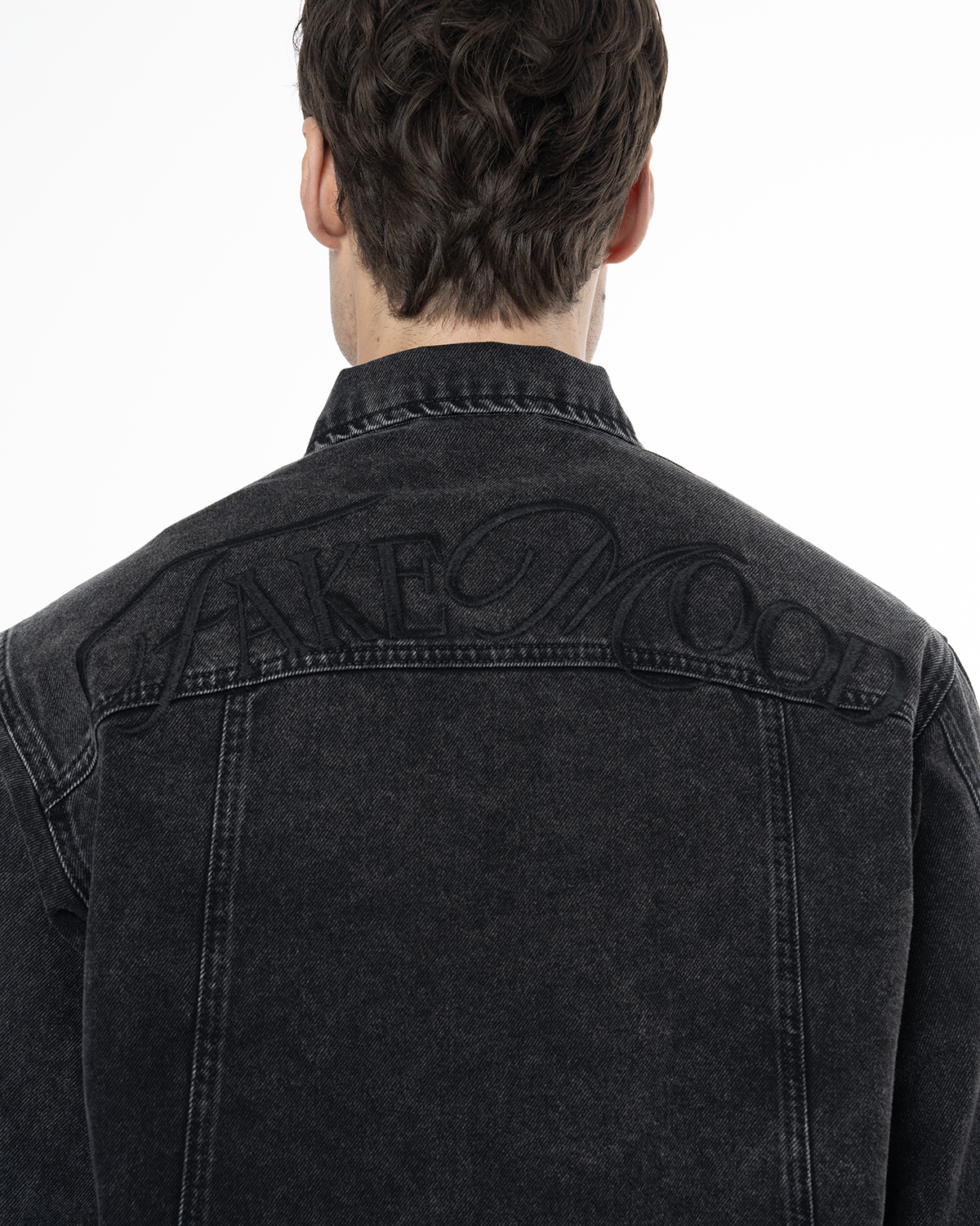 Unisex Fakemood Nakışlı Premium Denim Ceket - Siyah - 3