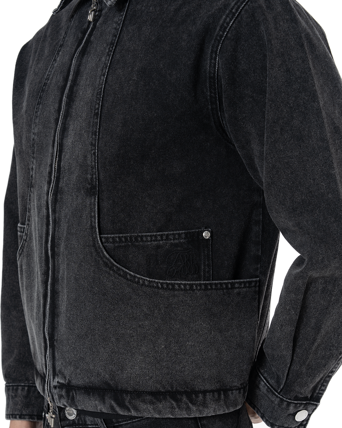 Unisex Fakemood Nakışlı Premium Denim Ceket - Siyah - 4