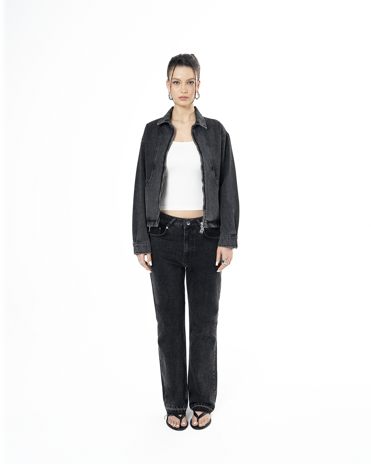 Unisex Fakemood Nakışlı Premium Denim Ceket - Siyah - 6