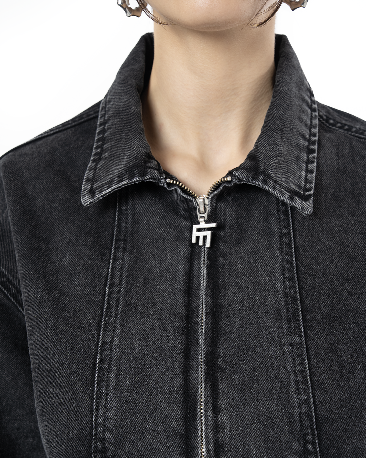 Unisex Fakemood Nakışlı Premium Denim Ceket - Siyah - 8