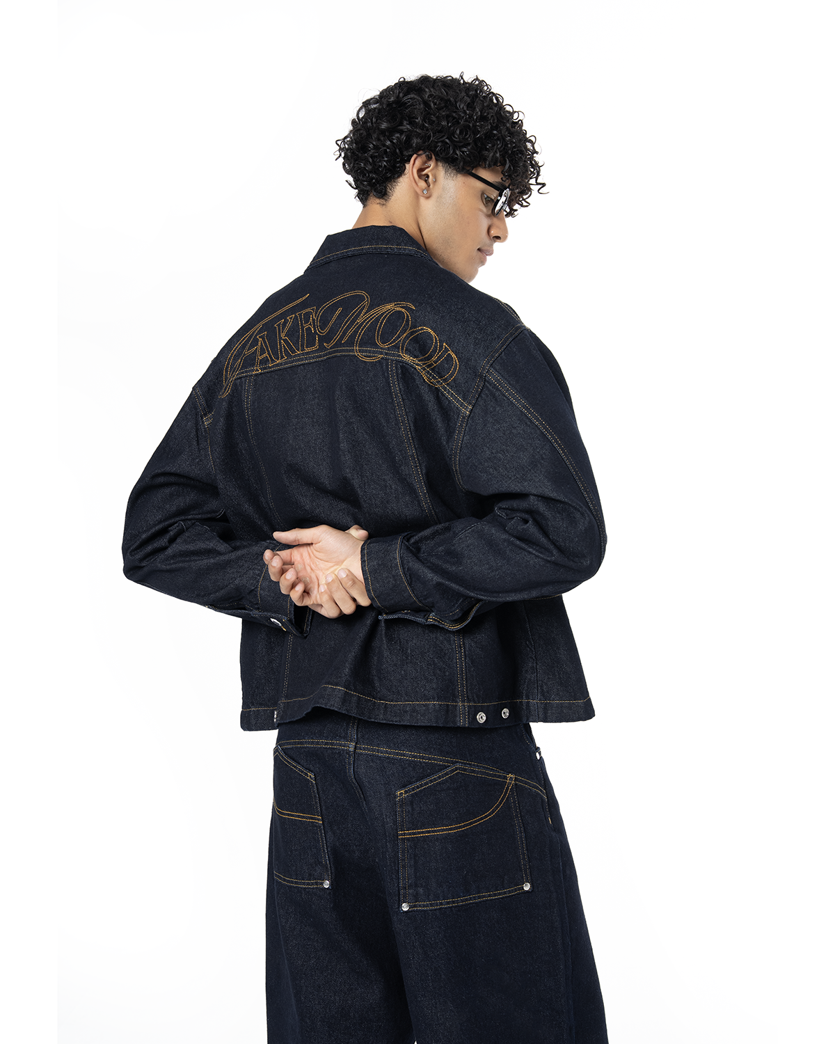 Unisex Fakemood Nakışlı Premium Raw Denim Ceket - Lacivert - 2