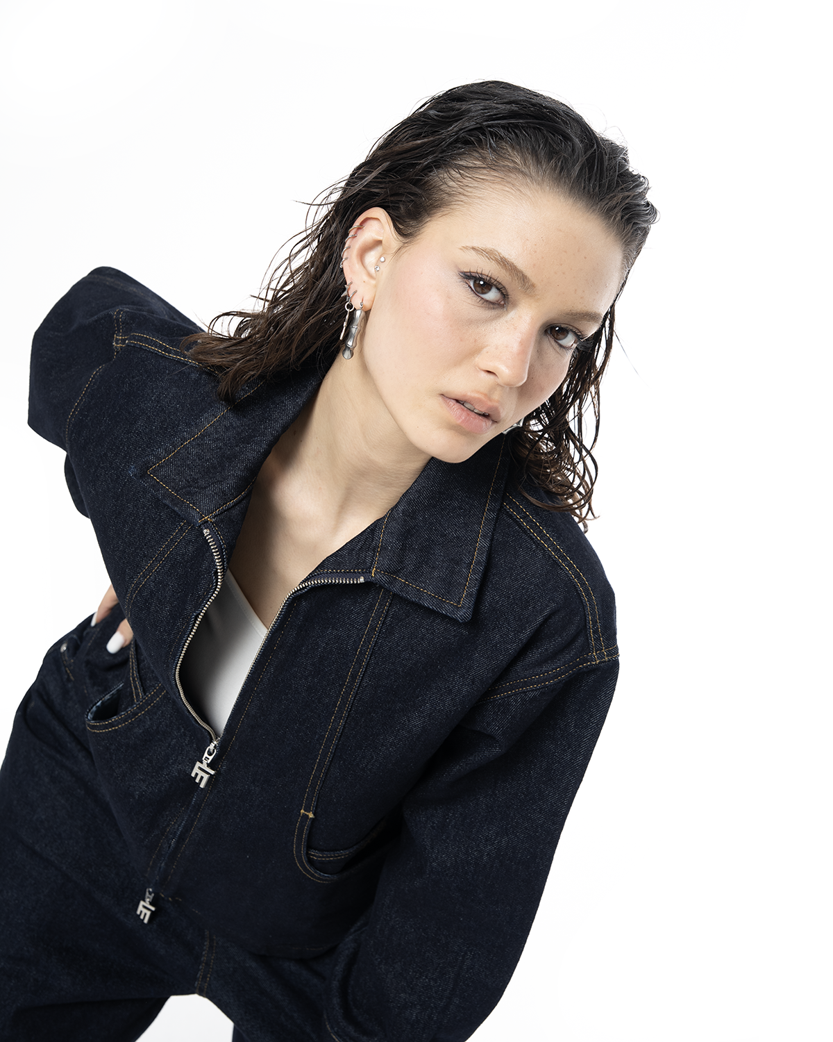 Unisex Fakemood Nakışlı Premium Raw Denim Ceket - Lacivert - 9