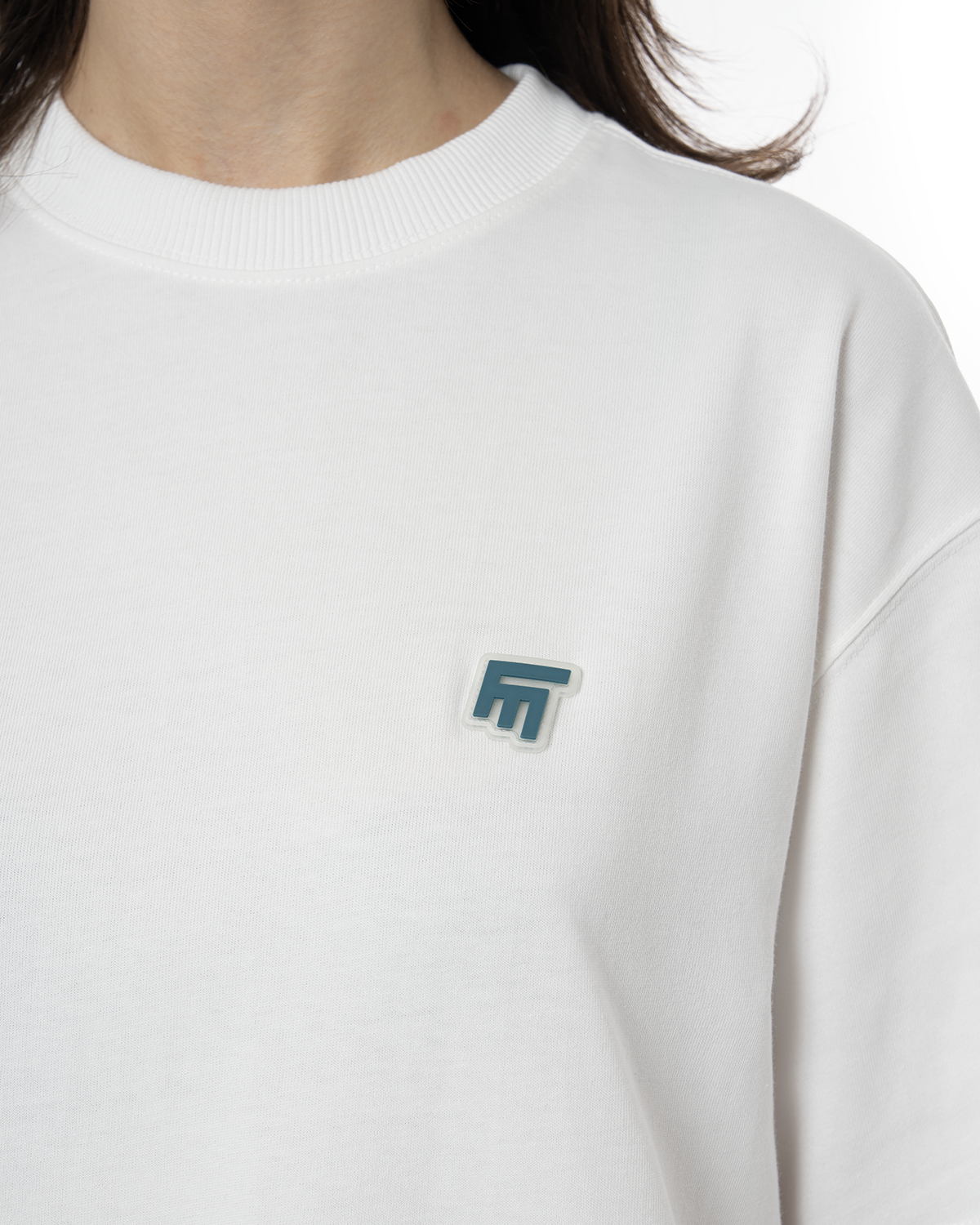 Unisex Oversize FM Silikon Icon Detaylı Tişört - Beyaz - 4