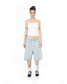 Unisex Oversize Yıpratmalı FM Icon Detaylı Premium Denim Şort - Mavi - 0