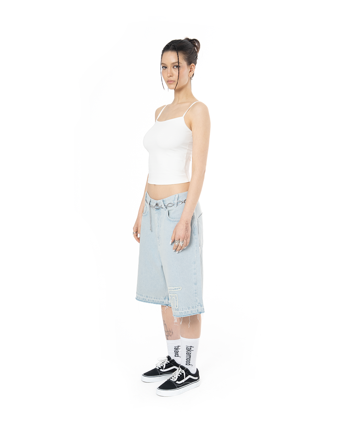 Unisex Oversize Yıpratmalı FM Icon Detaylı Premium Denim Şort - Mavi - 1