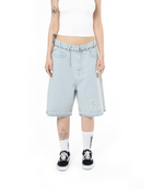 Unisex Oversize Yıpratmalı FM Icon Detaylı Premium Denim Şort - Mavi - 2