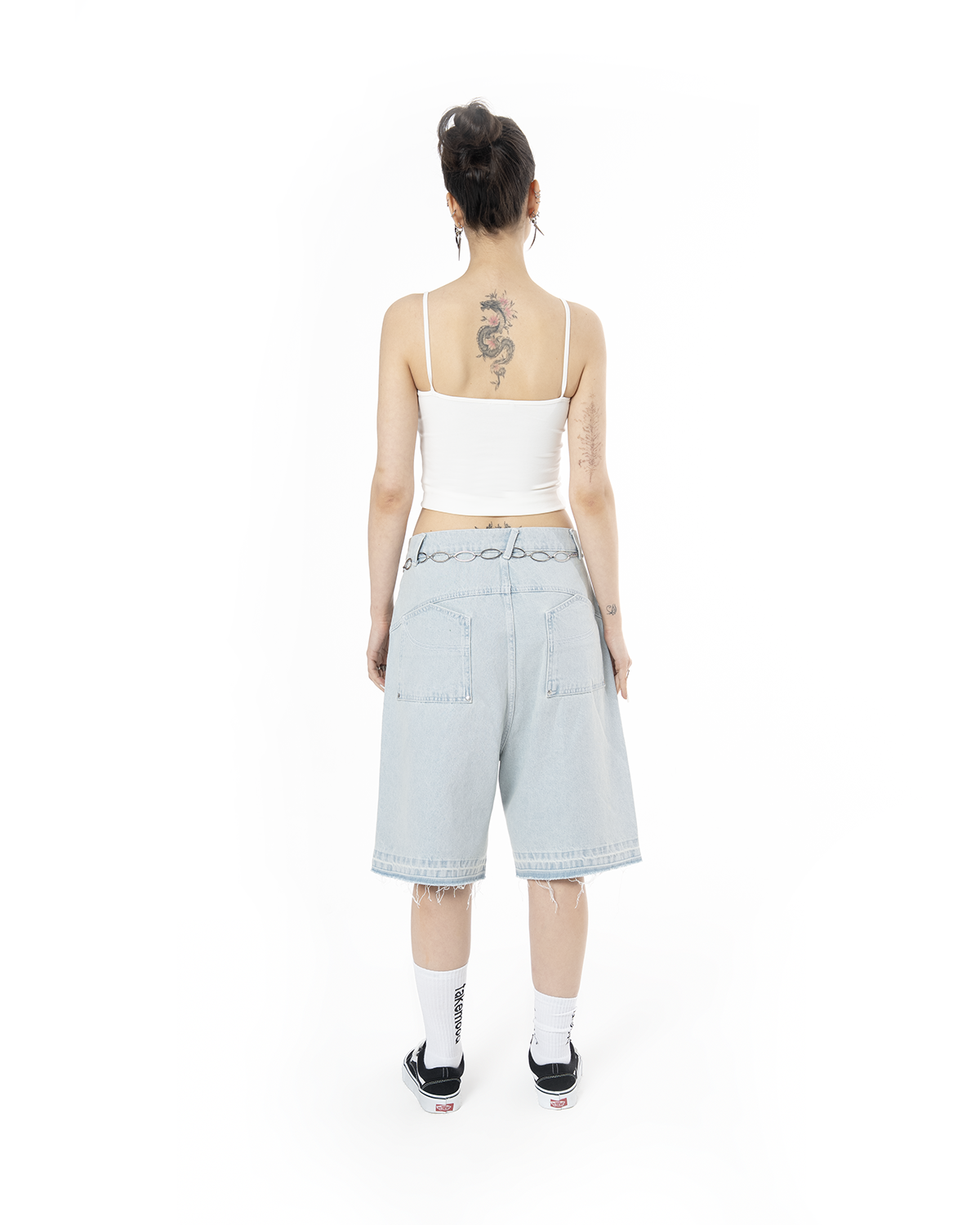 Unisex Oversize Yıpratmalı FM Icon Detaylı Premium Denim Şort - Mavi - 3